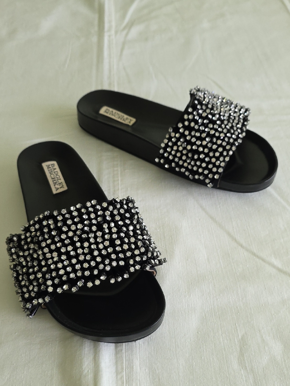 Badgley Mischka Black Crystal-Studded Slide Sandals